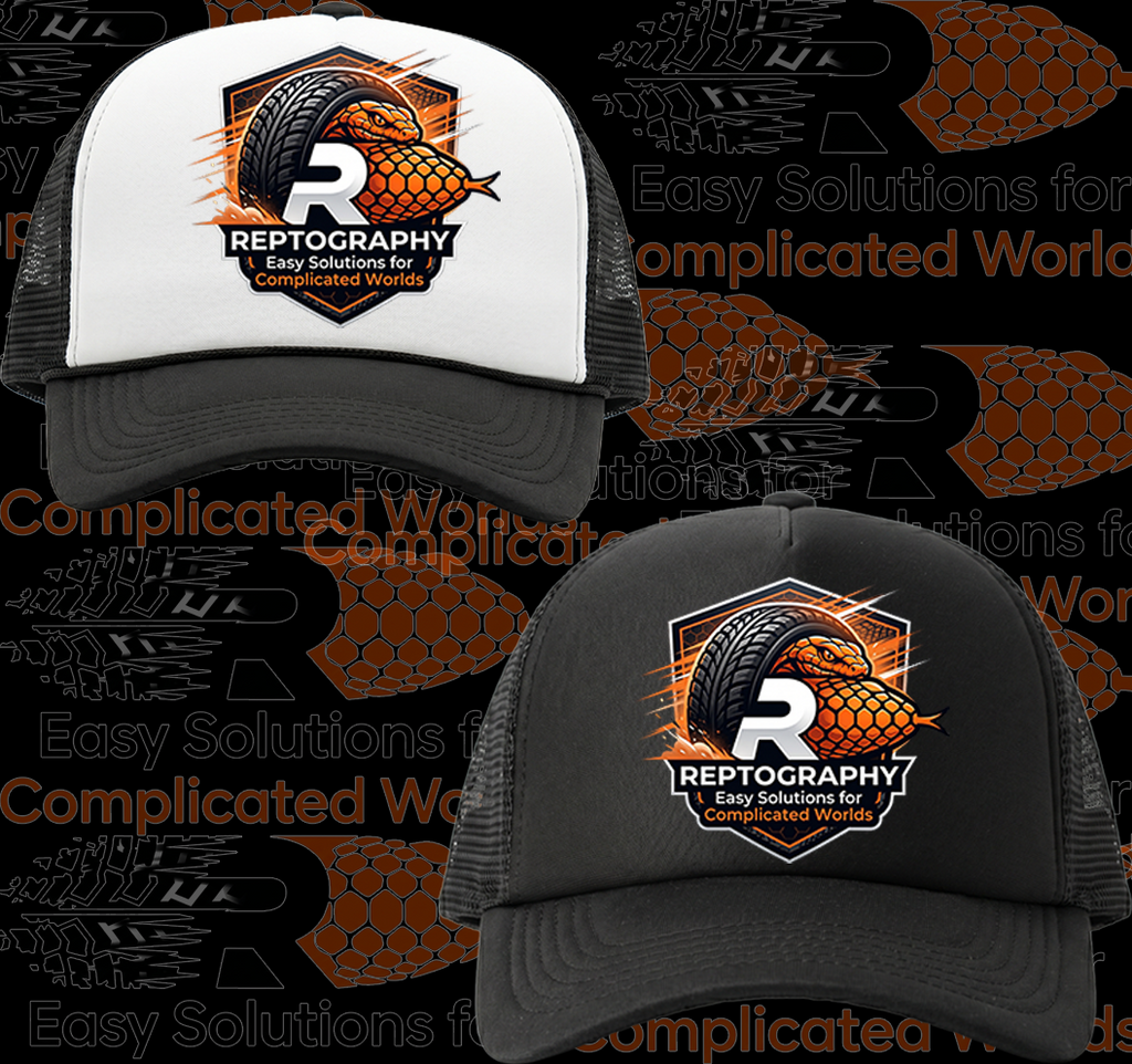Two hats with Reptography logo on a branded background
